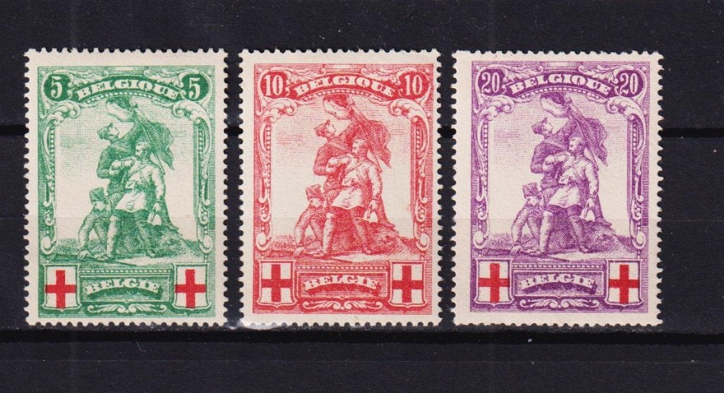 België 1914 OBP 126-128 Standbeeld de Mérode, Spoor van plakker, Verzenden, Postfris, Rode kruis