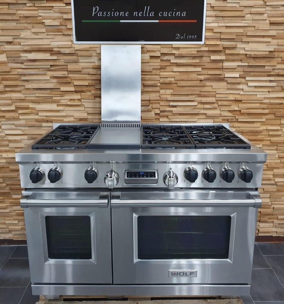 Luxe Wolf Fornuis 120cm rvs 2 elektrische ovens Teppanyaki, Gaz, Classe énergétique A ou plus économe, Comme neuf, Enlèvement