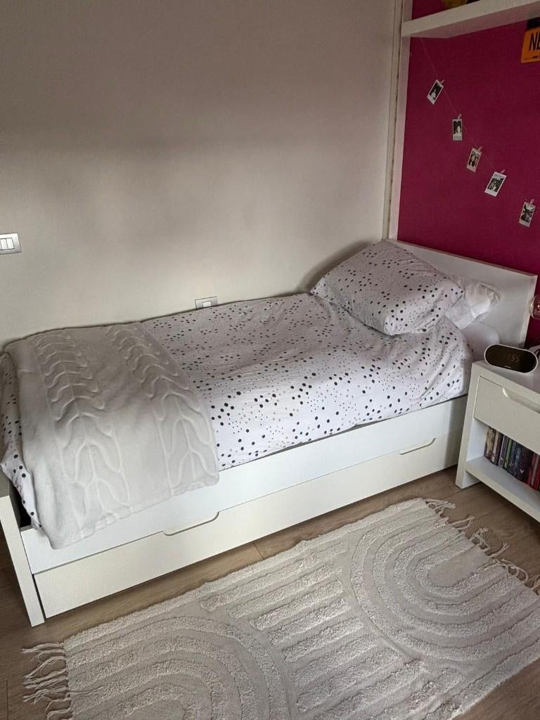 1p bed met lattenbodem + onderlade met matras + nachtkast, Ophalen, Gebruikt, 180 cm of meer, Lattenbodem