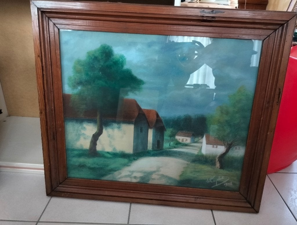 Tableau au pastel signé  Paysage de campagne Daté 1948, Enlèvement, Daté, Pastel, Paysage