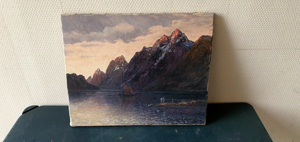 Noors Zee-Fjordzicht olieverf doek Conrad Selmyhr 1877-1944, Ophalen, Maritiem / water, Doek, Impressionistisch