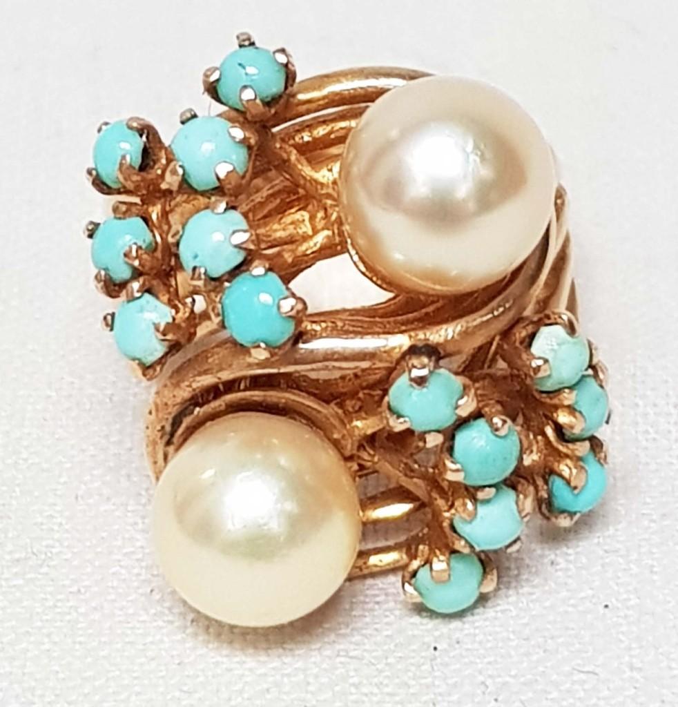 Bague en or 14 carats avec perles et turquoises., Bijoux, Sacs & Beauté, Enlèvement ou Envoi, Or, Bague
