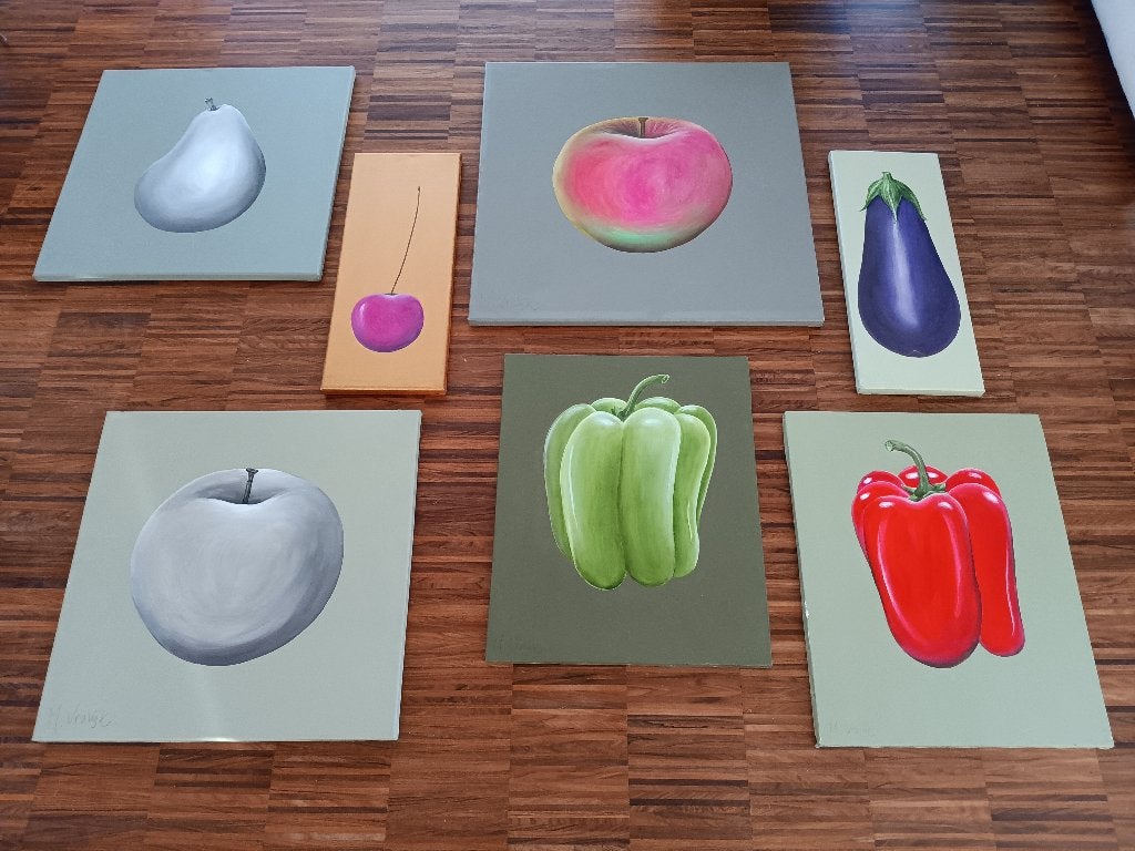 Set van 7 botanische schilderijen, allen gesigneerd, Enlèvement ou Envoi, Signé, Peinture acrylique, Nature morte