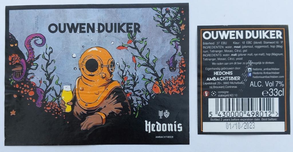 Bieretiket Ouwen Duiker Brouwerij Hedonis (6z7), Verzamelen, Ophalen of Verzenden, Gebruikt