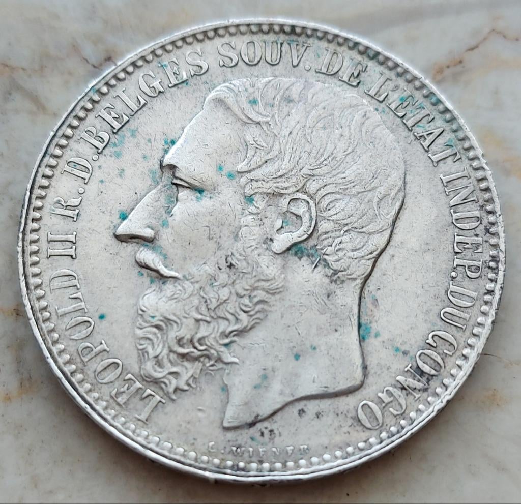 5 Francs 1894 (Belgisch Congo) Leopold I / Zeer zeldzaam !!, Zilver, Ophalen of Verzenden, Losse munt, Zilver
