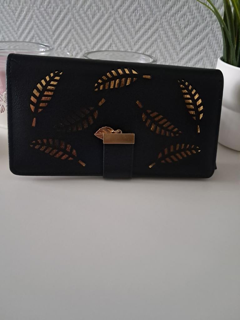 Portefeuille femme noir feuilles dorées grande capacité neuf, Neuf, Autres marques, Enlèvement ou Envoi, Cuir