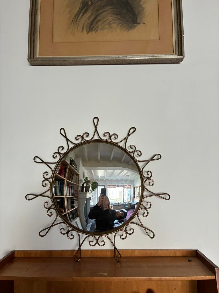 Midcentury sunburst spiegel, convex glas, 47 cm diameter, Minder dan 50 cm, Gebruikt, Rond, Ophalen of Verzenden