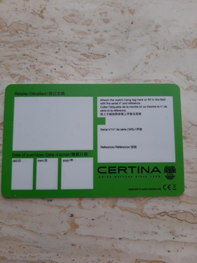 Carte de garantie Vierge CERTINA, Enlèvement ou Envoi