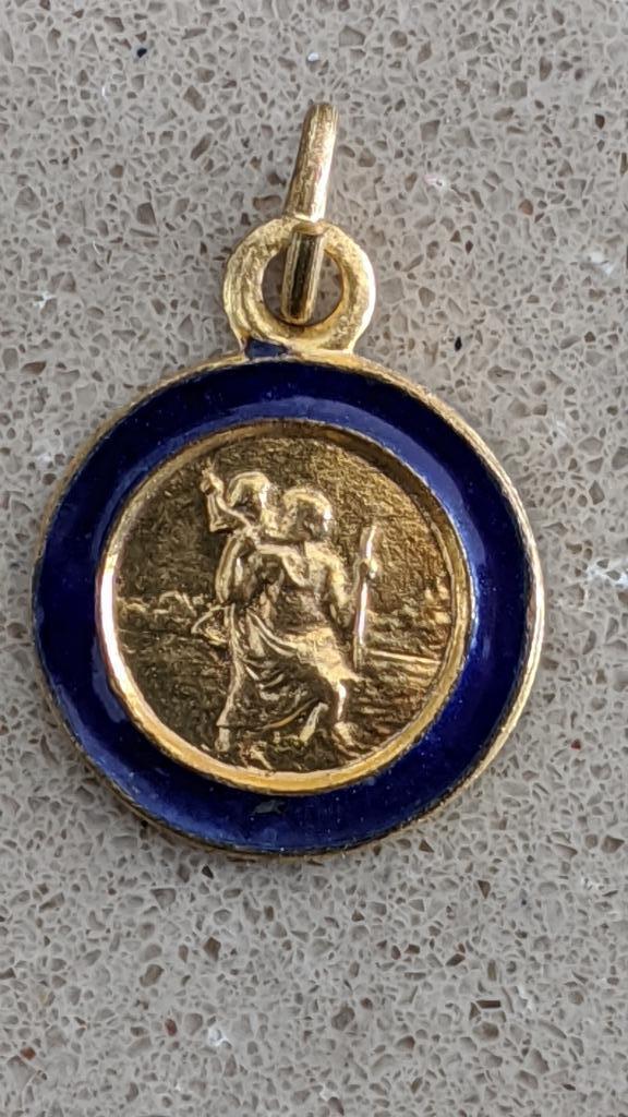 Medaillon, hanger  St Christoffel, blauw, verguld, Ophalen of Verzenden, Zo goed als nieuw, Sieraad, Christendom | Katholiek