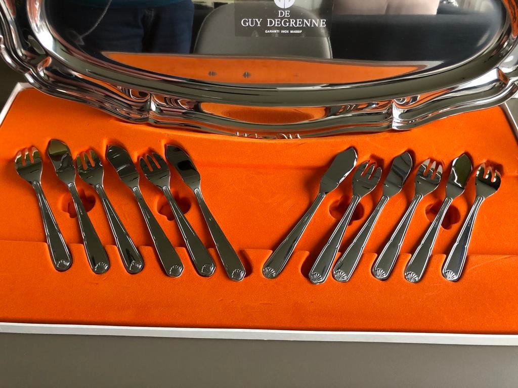 NIEUWE inox plateau en visbestek - 6 pers. - Guy Degrenne, Ophalen of Verzenden, Nieuw, Inox of Chroom, Bestekset