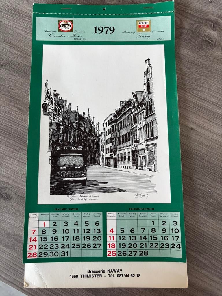 Calendrier de la brasserie Zeeberg Alost Chevalier Mari 1979, Collections, Marques & Objets publicitaires, Utilisé, Panneau publicitaire