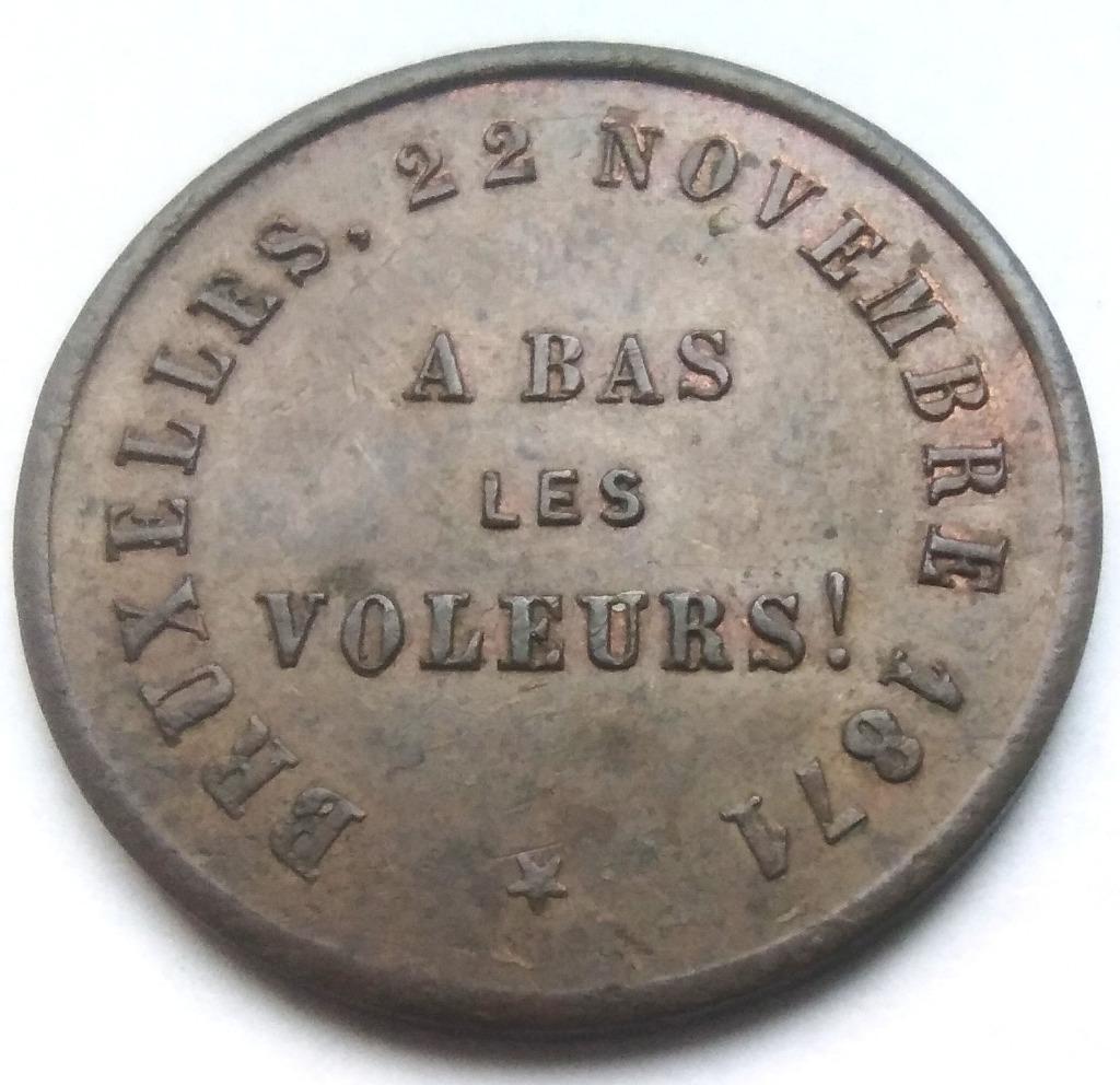 medaille 1871 brussel - à bara /à bas les voleurs (frans), Ophalen of Verzenden, Overige materialen