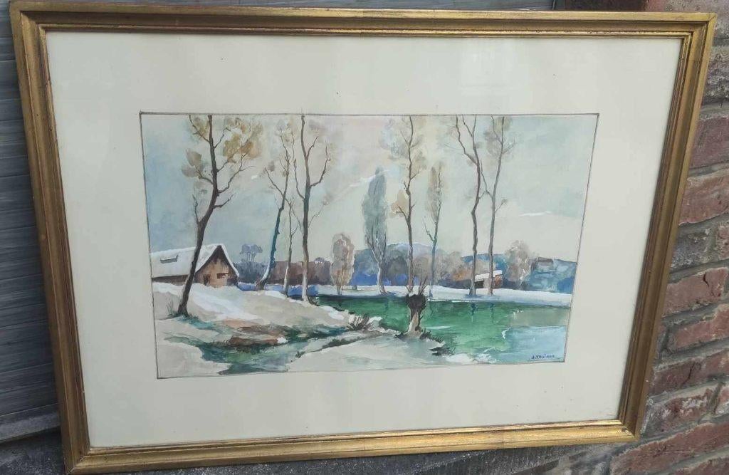 aquarelle paysage enneige signe a tasiaux, Antiquités & Art, Enlèvement ou Envoi