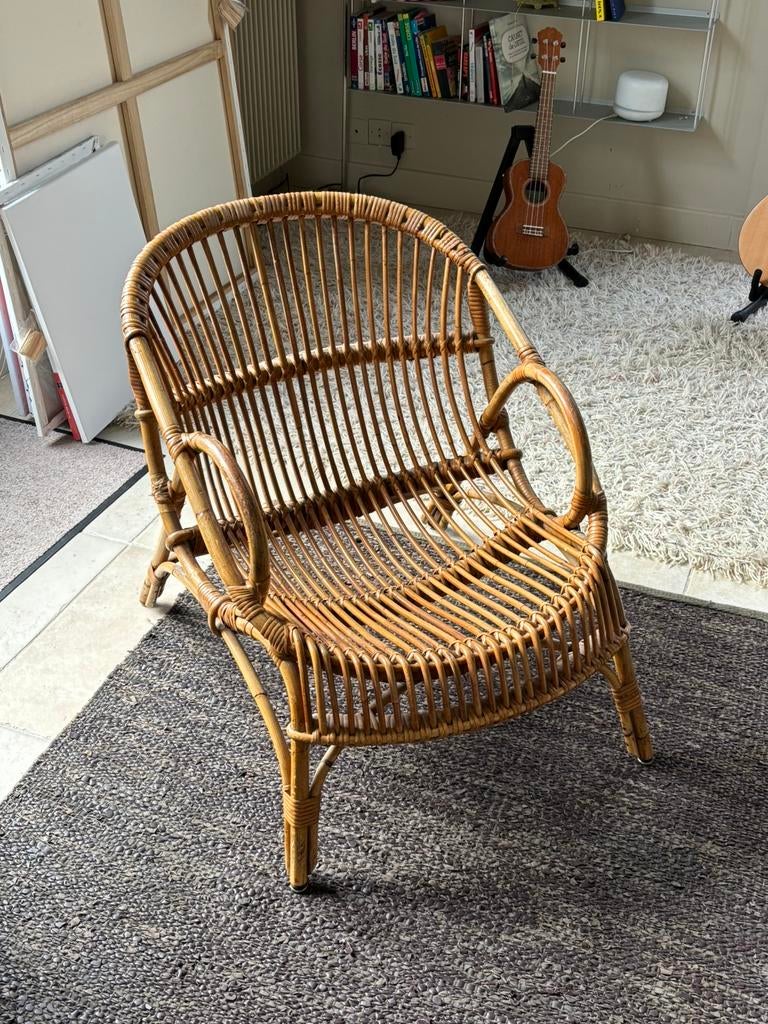 Vintage fauteuil van rotan, Huis en Inrichting, Ophalen, Gebruikt, Riet of Rotan