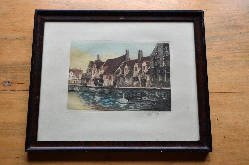Ets, Brugse Reien met Zwanen, getekend door maker, 35/29cm, Antiek en Kunst, Kunst | Etsen en Gravures, Ophalen of Verzenden