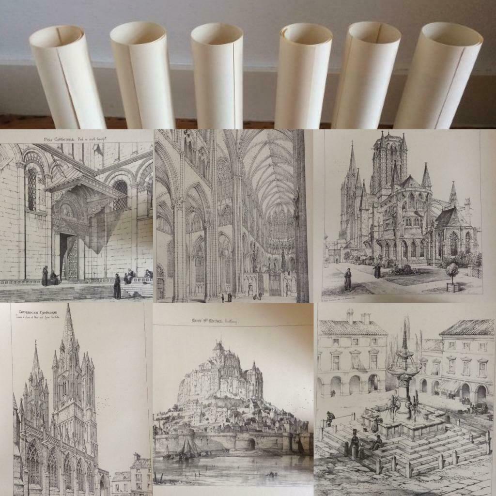 6x lithografieën kerk kathedraal W.E. Nesfield A. Newman, Antiek en Kunst, Ophalen of Verzenden