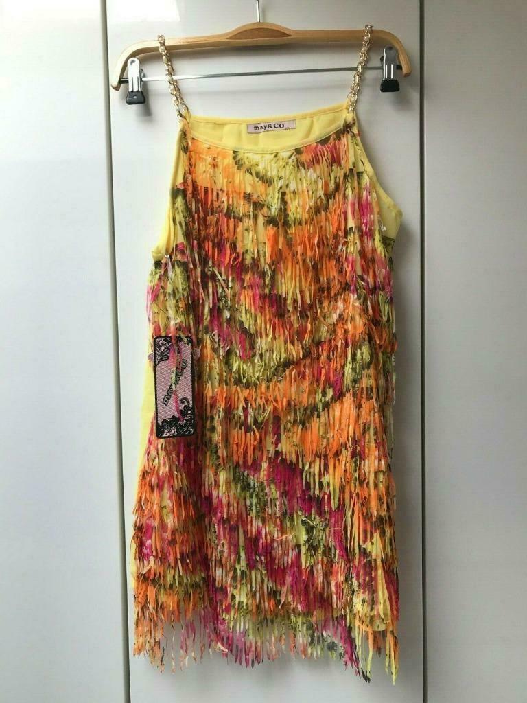 Robe jaune à franges May & Co - Taille M/L -, Neuf, Taille 38/40 (M), Au-dessus du genou, May & Co