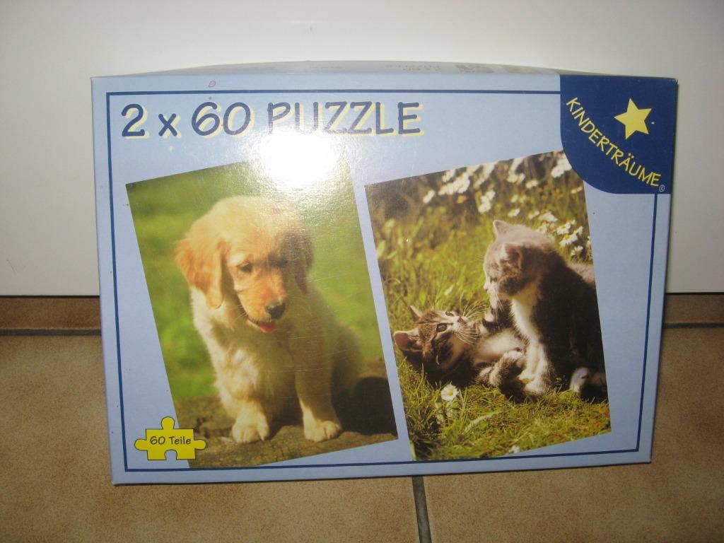 2 Puzzels Pup en kitten, 60 stukjes, Ophalen of Verzenden, Meer dan 50 stukjes, Zo goed als nieuw