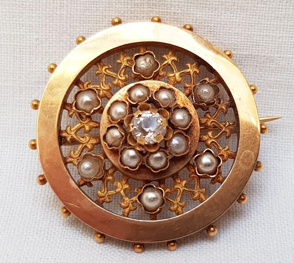 Broche perles de rocaille 18kt., Bijoux, Sacs & Beauté, Bijoux anciens, Enlèvement ou Envoi, Or, Broche