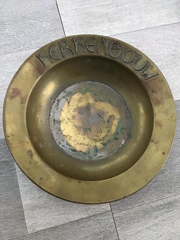 Antieke koperen inzamelingsschaal kerk kerkenbouw, Ophalen of Verzenden