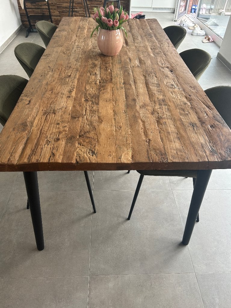 Eettafel met 6 stoelen, Huis en Inrichting, Tafels | Eettafels, Ophalen, Teakhout, 200 cm of meer, 50 tot 100 cm