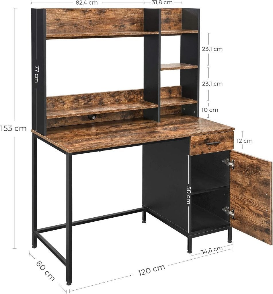 Bureau VASAGLE industriel avec étagères 120 x 60 x 153 cm, Maison & Meubles, Autres marques, Bureau d'ordinateur, 120 cm, Comme neuf