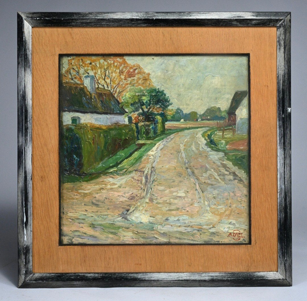 DELEU Arthur "Landweg" 1928 olie op paneel, Ophalen of Verzenden, Impressionistisch, Paneel