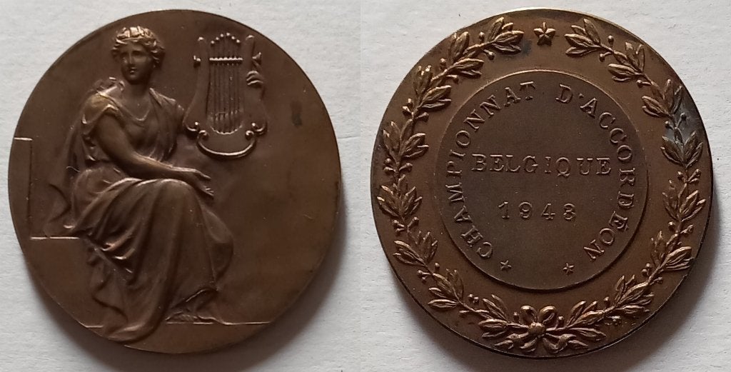 Bronzen medaille ACCORDEON CHAMPIONSHIP, 1948, Ophalen of Verzenden, Brons