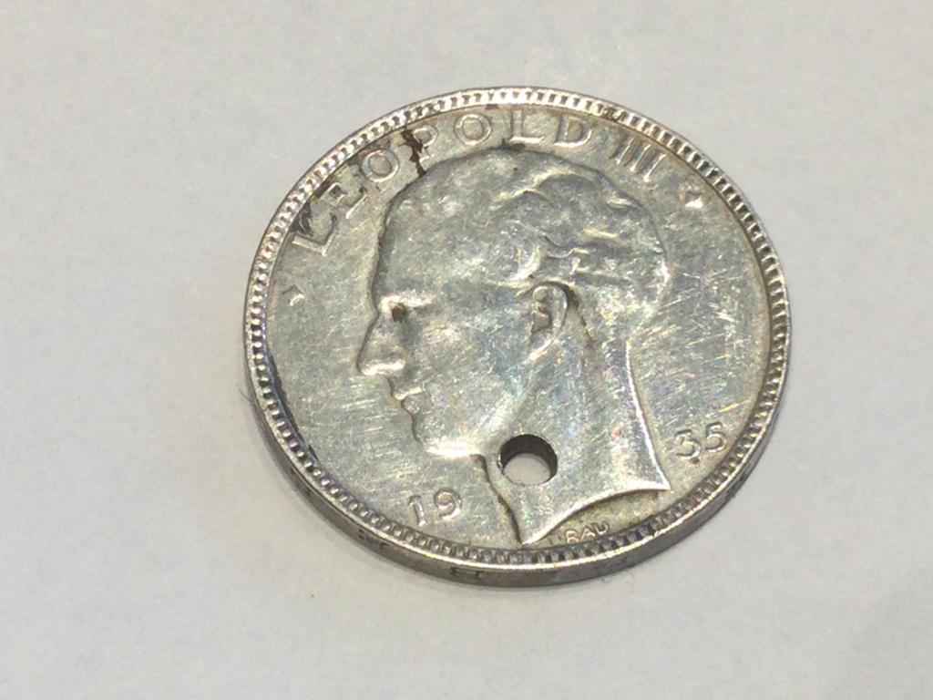 België 20 Frank 1935 zilver met gaatje, Ophalen of Verzenden, Zilver