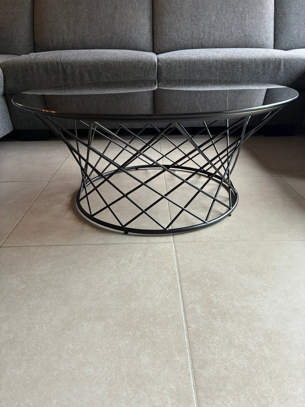 Donkerbruine glazen salontafel met zwart stalen onderstel, Enlèvement, Utilisé, Verre