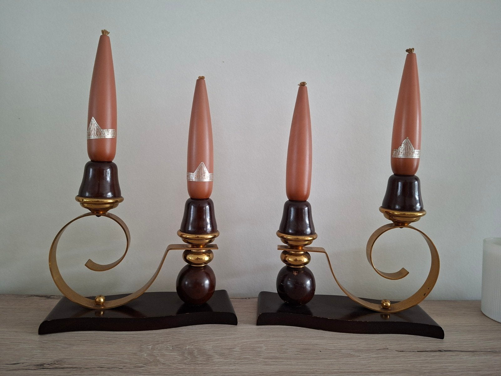 Artilux Vintage Kandelaar Set - Jaren 70/80 – Messing & Hout, Antiek en Kunst, Ophalen of Verzenden