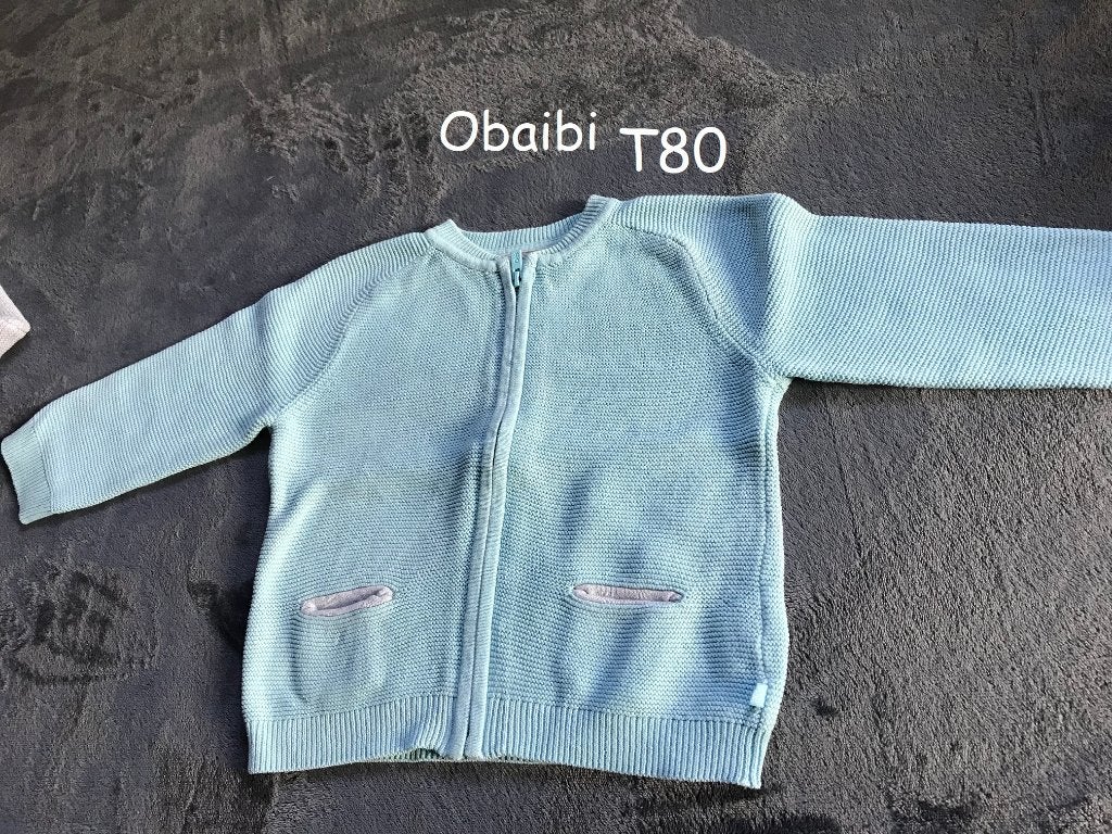 Obaïbi gilet zippé vert d'eau T80, Garçon ou Fille, Enlèvement ou Envoi, Pull ou Veste, Utilisé