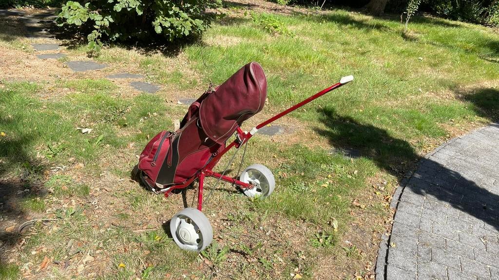 Golf trolley met 9 golfsticks, Sport en Fitness, Golf, Zo goed als nieuw, Golfkar, Overige merken, Ophalen