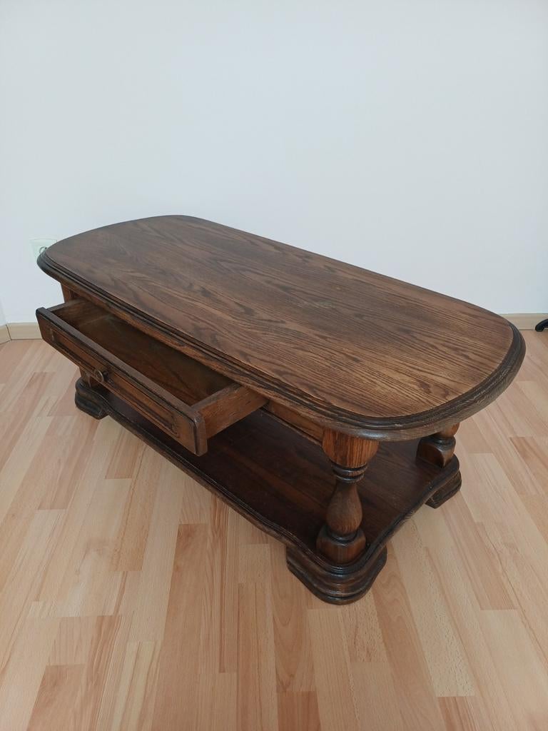 Bruine volhouten salontafel 120x55x45H met lade, Huis en Inrichting, Ophalen