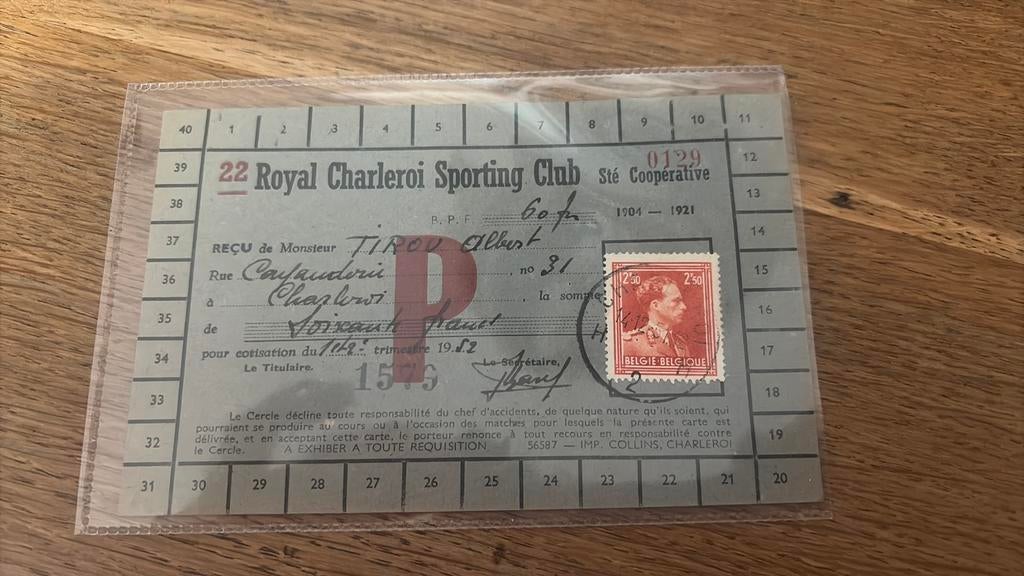 1952 Rare document football Sporting de Charleroi, Enlèvement ou Envoi