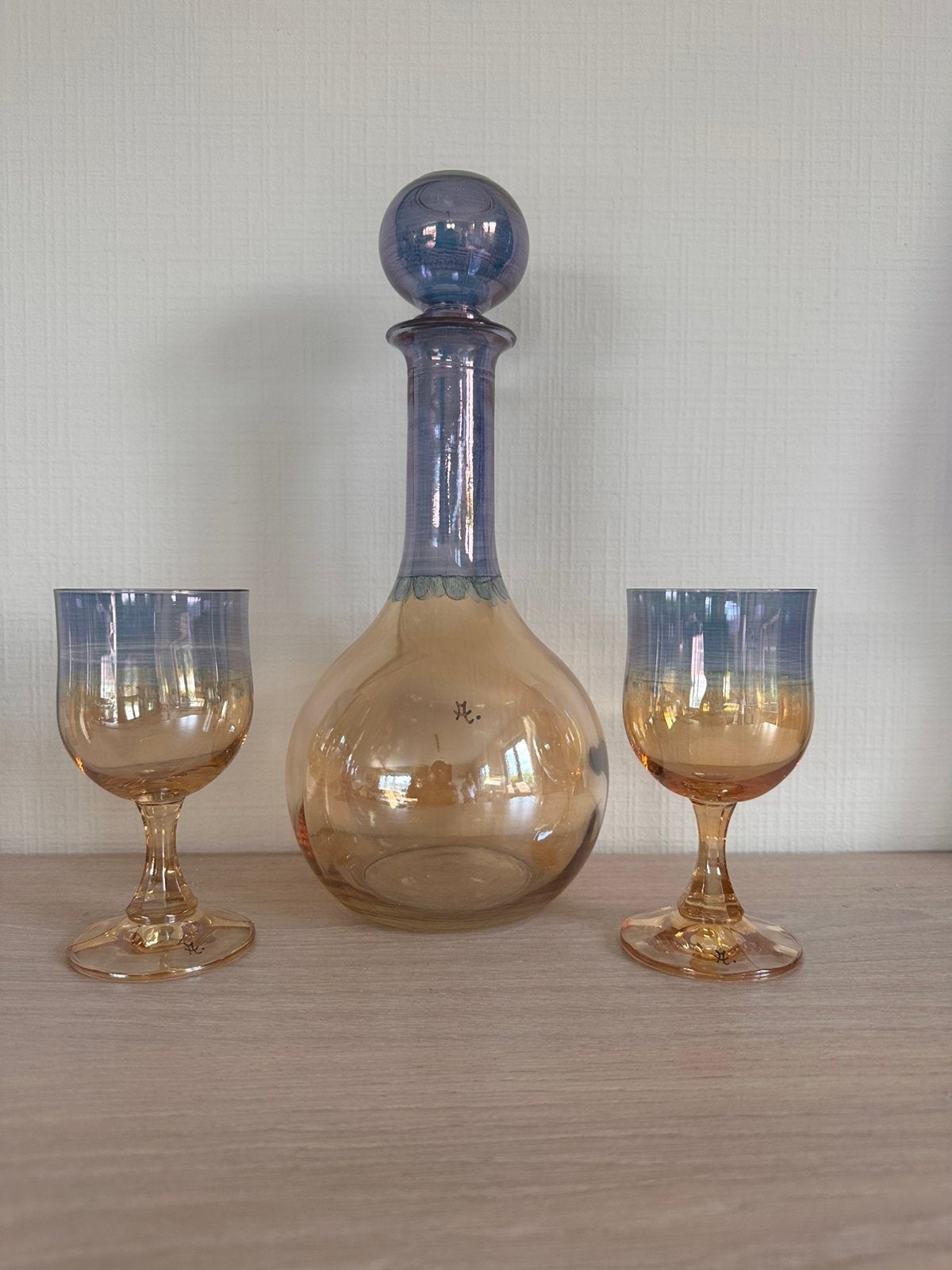 Vintage handgeblazen karaf + 2 glazen, Enlèvement