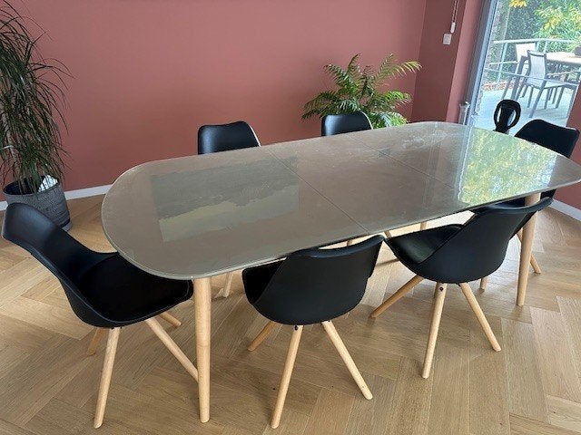 Eetkamertafel (taupe + beuk), Ophalen, 200 cm of meer, 50 tot 100 cm, Zo goed als nieuw