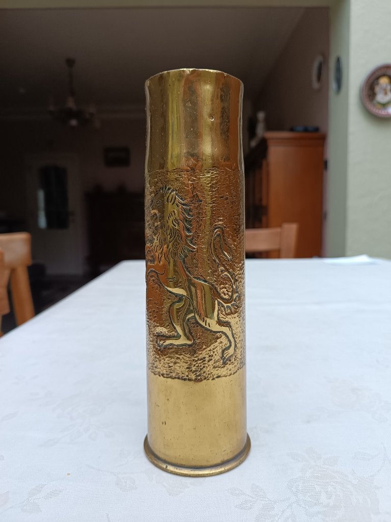 Belgische trench art huls 57x224mm - INERT, Ophalen of Verzenden, Landmacht, Hulzen of Bodemvondsten