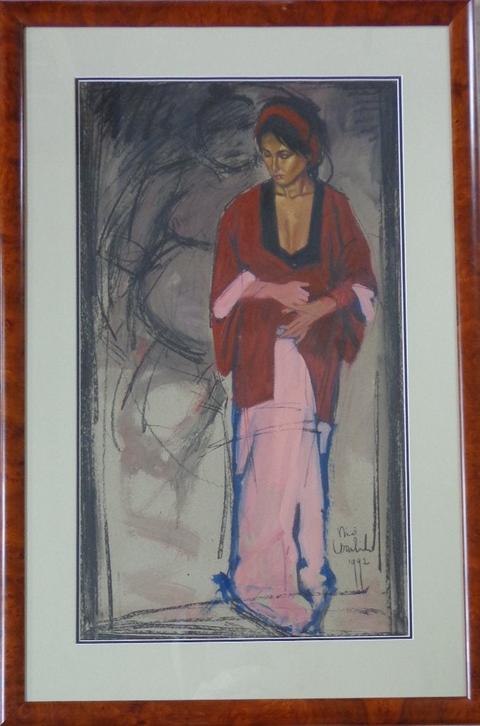 NICO VRIELINK / VROUW MET KIMONO / OLIEVERF KARTON 129x86cm, Antiek en Kunst, Kunst | Schilderijen | Modern, Ophalen, Glas, Gesigneerd