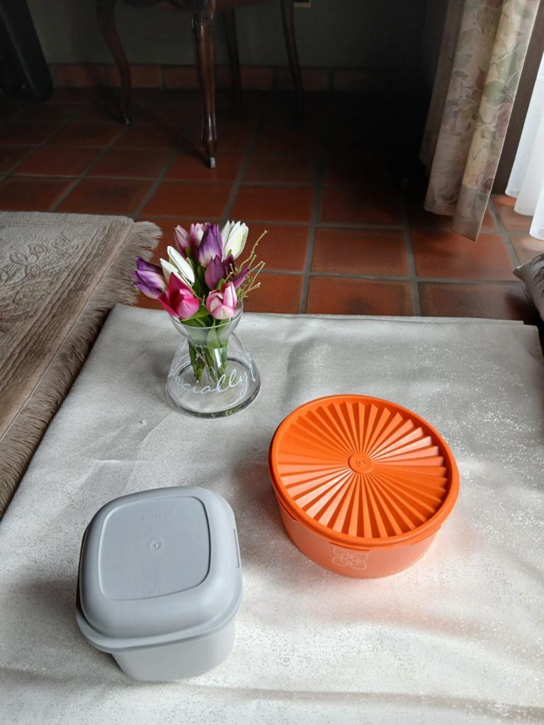 Vintage Tupperware bewaarpotten – set van 2 – oranje & grijs, Huis en Inrichting, Ophalen of Verzenden, Oranje