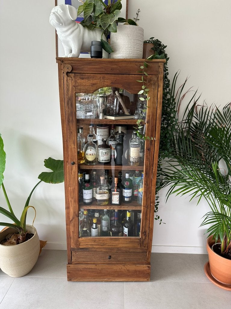 Rustieke Vitrinekast uit Hout  & Glas - H169xB68xD34, Huis en Inrichting, Kasten | Vitrinekasten, Ophalen, Met lade(s), Overige houtsoorten