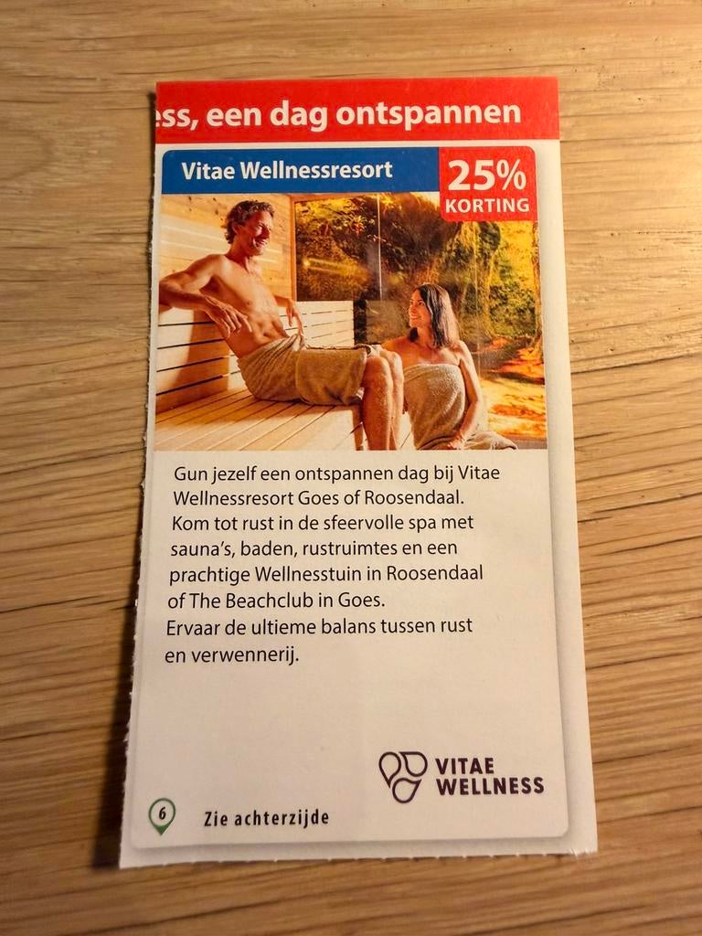 Kortingskaart voor Vitae Wellnessresort., Ophalen of Verzenden, Nieuw