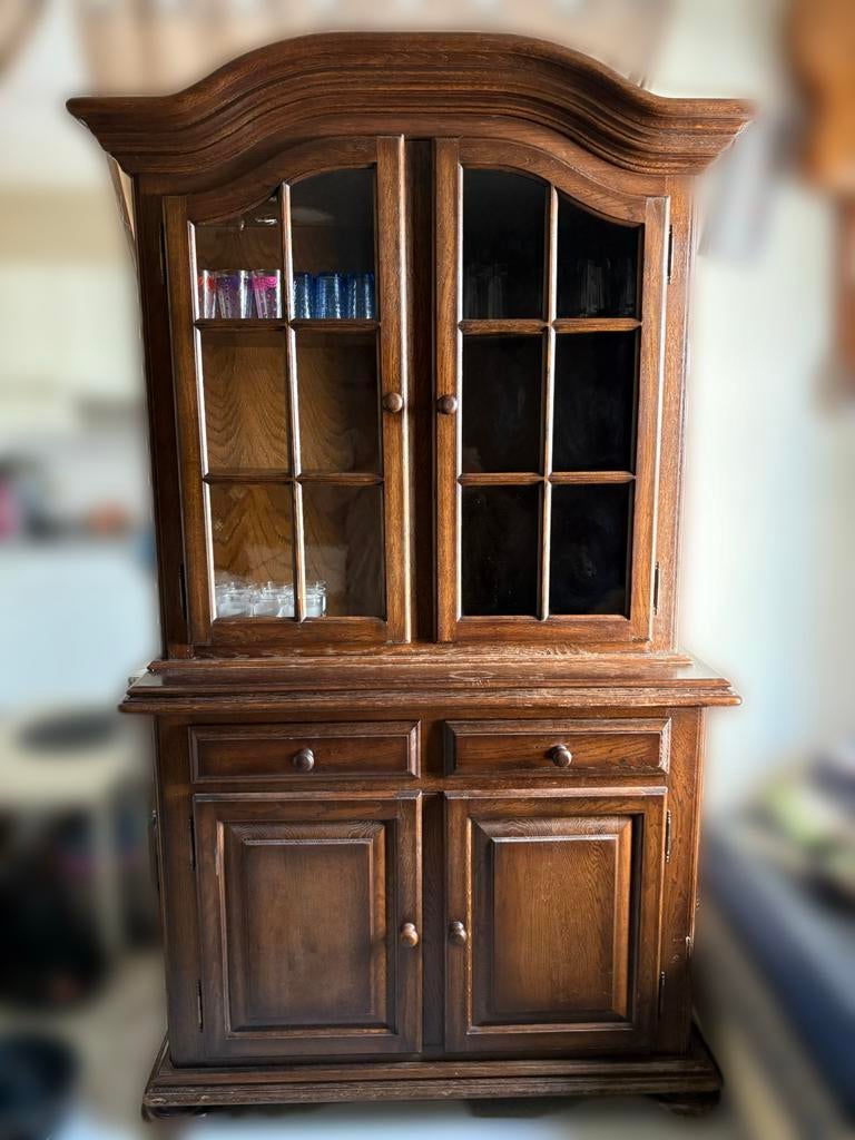 Buffet vitrine en bois massif (2 parties) – bon état, Maison & Meubles, Armoires | Buffets, Utilisé, 150 à 200 cm, Enlèvement