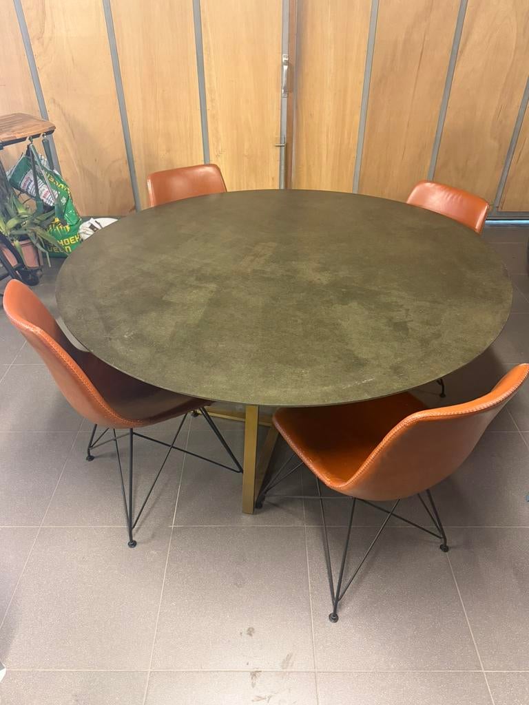 Ronde tafel 140 cm met messing onderstel + 4 stoelen, Quatre personnes, Rond, 100 à 150 cm, Enlèvement