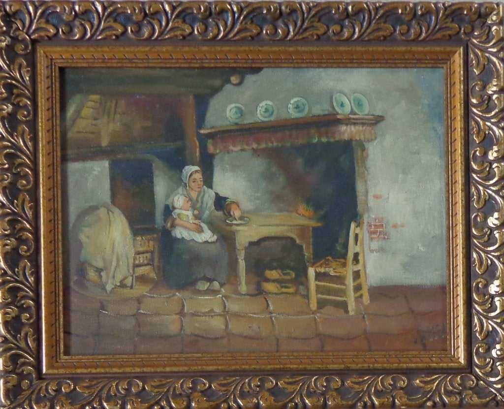 ONLEESBAAR / INTERIEURZICHT / OLIEVERF / 41x51cm / KADER SIG, Antiquités & Art, Portrait ou Personnes, Enlèvement ou Envoi, Peinture à l'huile