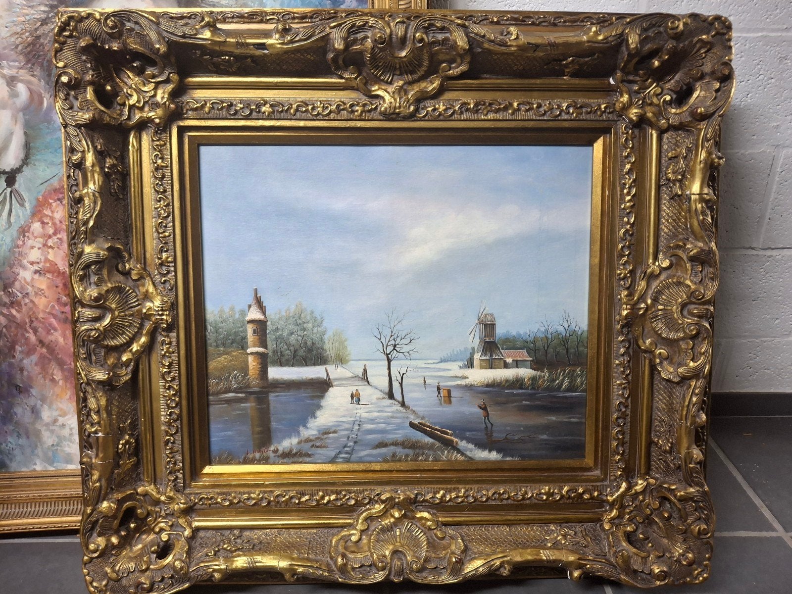 winterlandschap in imposante lijst, Antiek en Kunst, Ophalen, Doek