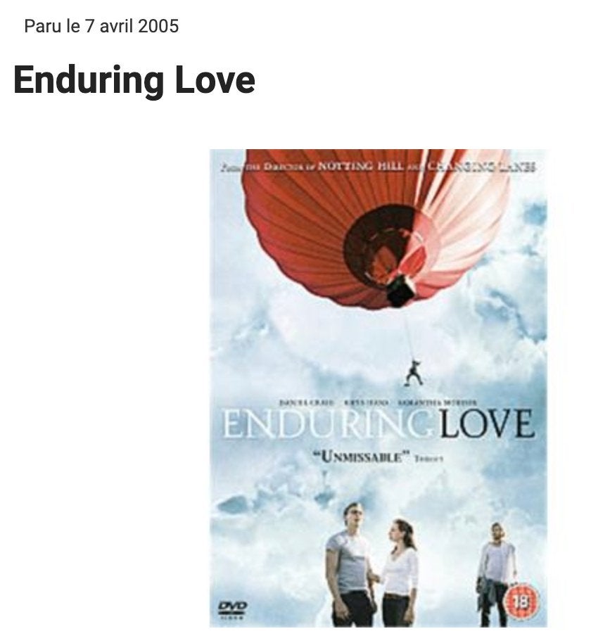 dvd romantique Enduring Love, Enlèvement ou Envoi, Anglais, Comédie romantique, Néerlandais