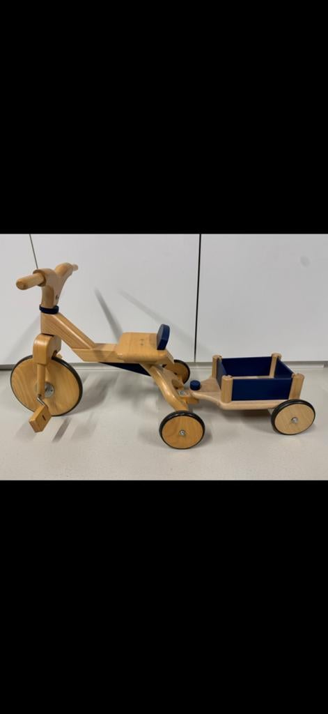 Houten fietsje met aanhang wagentje!, Kinderen en Baby's, Speelgoed | Buiten | Skelters, Ophalen, Gebruikt, Overige merken, Met kar of aanhanger