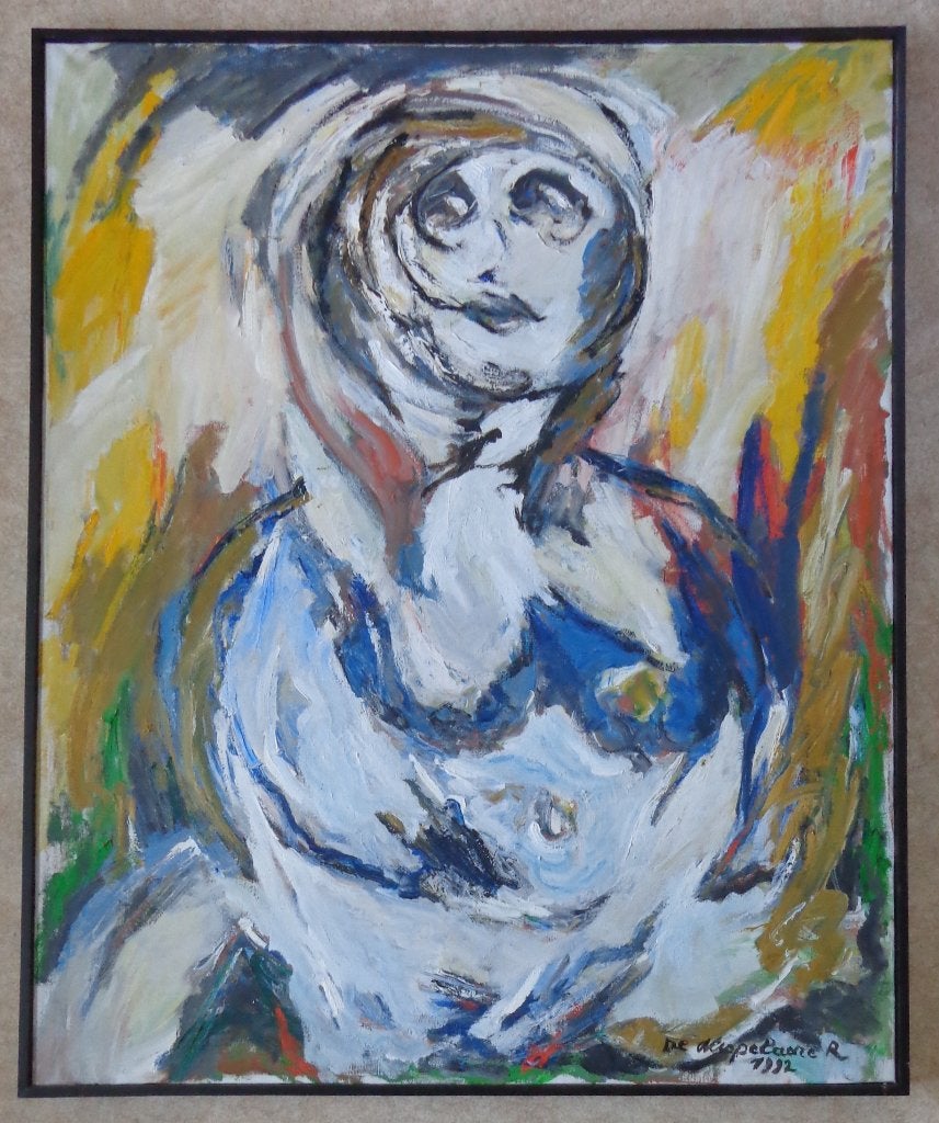 ROBERT DE WISPELAERE ZITTEND NAAKT OLIEVERF 124x102cm KADER, Peinture à l'huile, Signé, Figures, Autres matériaux