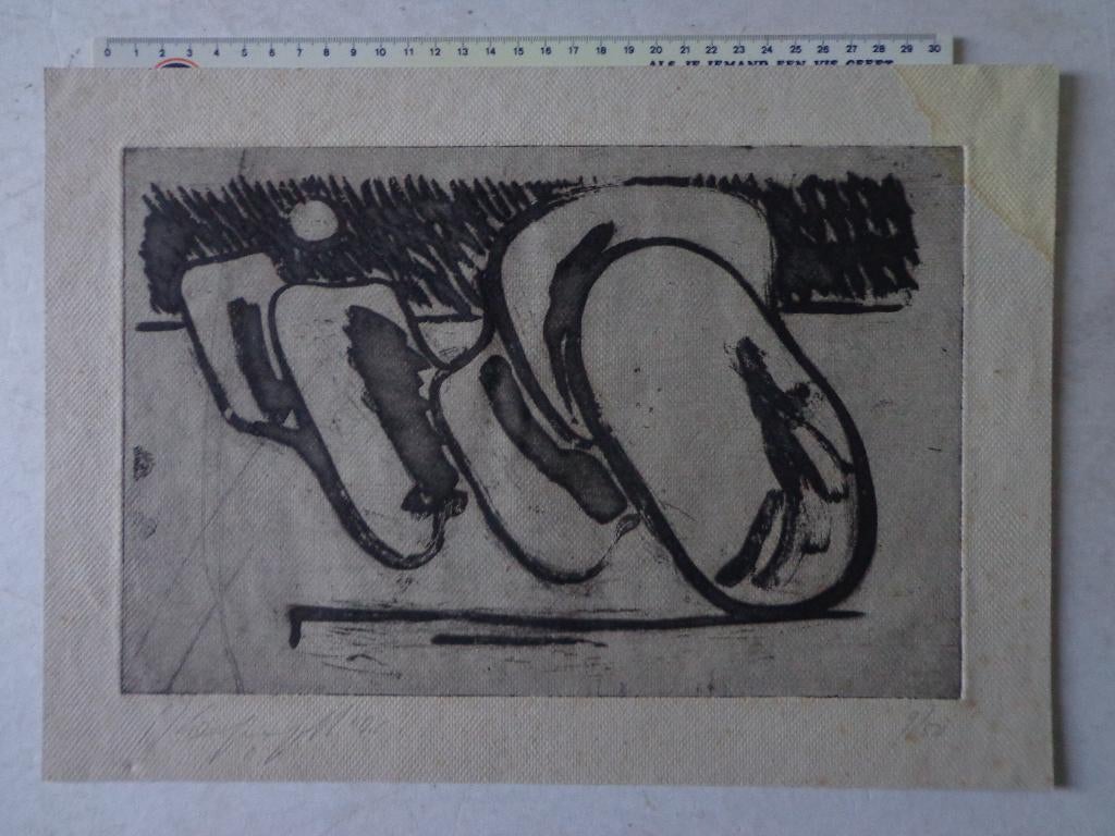 ongewone ets van Marc Laffineur "abstracte compositie" 1976, Antiek en Kunst, Kunst | Etsen en Gravures, Ophalen of Verzenden